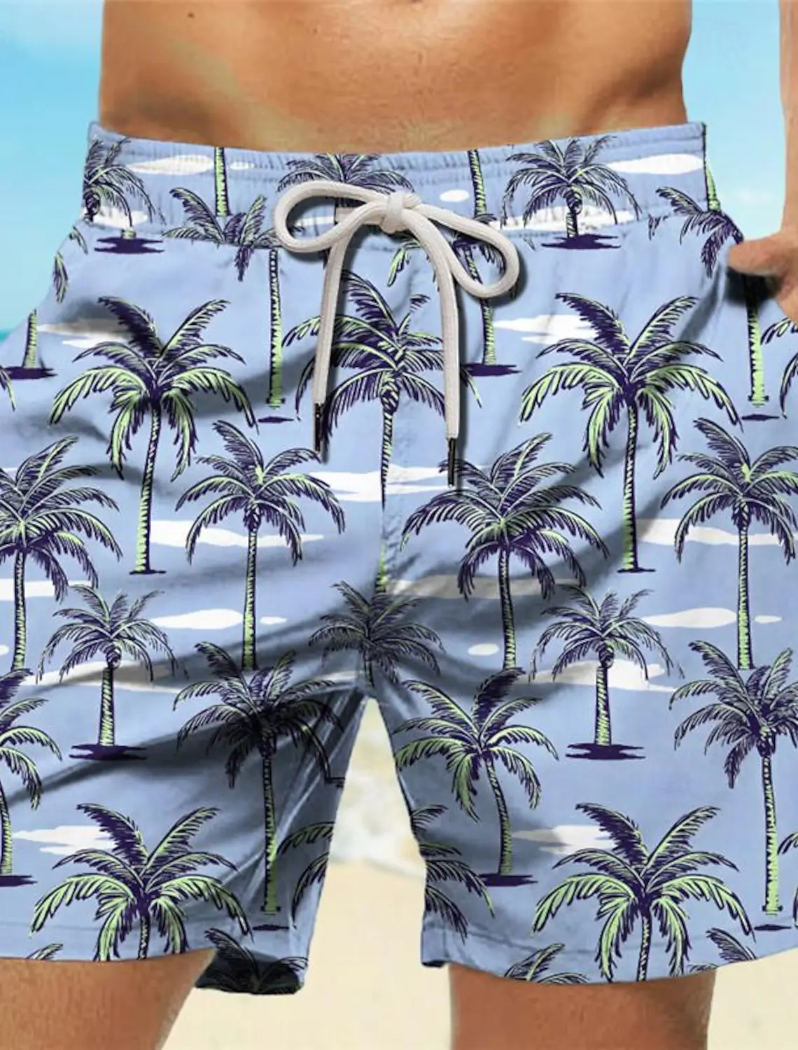 Trunk Breathable Men - กางเกงขาสั้นชายหาดพิมพ์ลายต้นปาล์มเขตร้อนแบบ 3 มิติ พร้อมกระเป๋า ระบายอากาศได้ดี สไตล์ฮาวาย