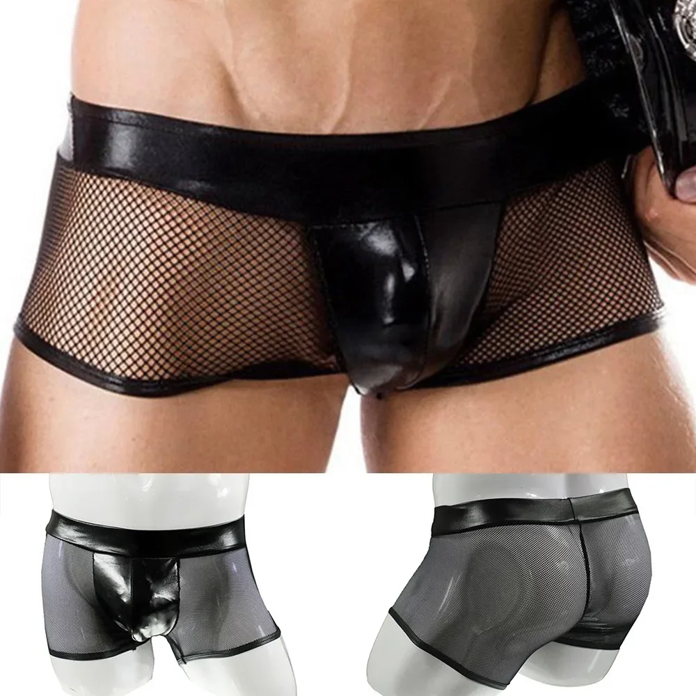 Bamboo Fiber Trunk - กางเกงชั้นในชายเซ็กซี่หนังเทียมตาข่ายดำแบบตาข่ายสำหรับใส่ในคลับกลางคืน บ็อกเซอร์ชายเอวต่ำ ชุดชั้นในวาบหวิว ระบายอากาศได้ดี