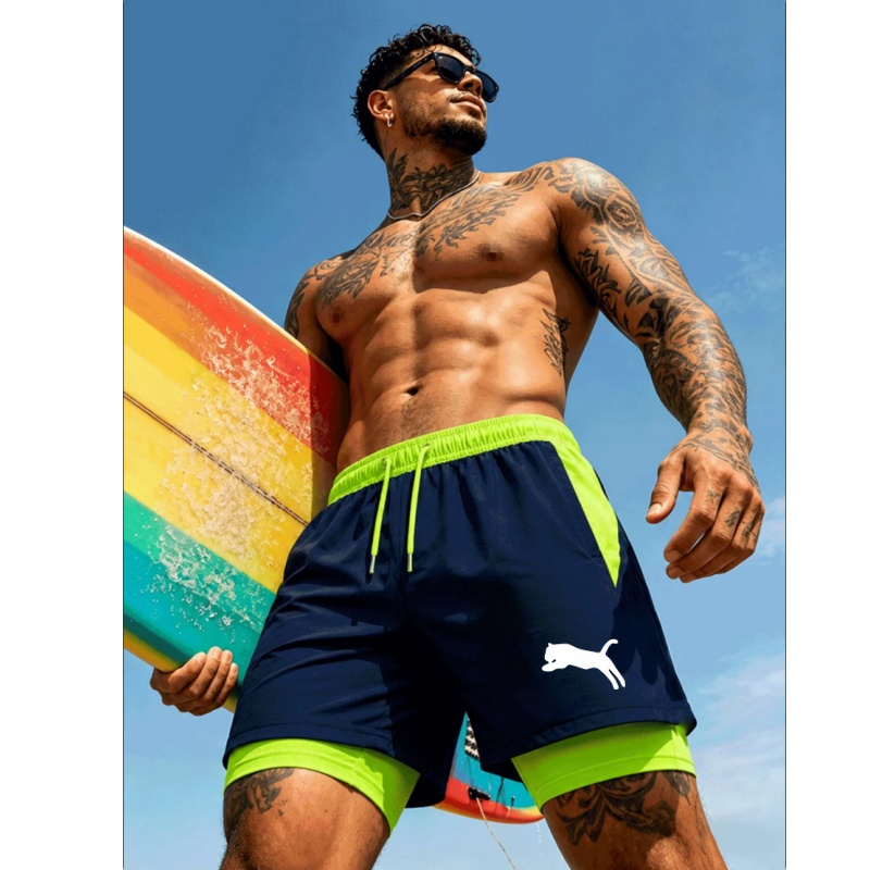 Compression Shorts Athletes - กางเกงว่ายน้ำชายพิมพ์ลายเสือชีตาห์ 2-in-1 แบบมีซับใน แห้งเร็ว เหมาะสำหรับเล่นเซิร์ฟและกีฬาชายหาด