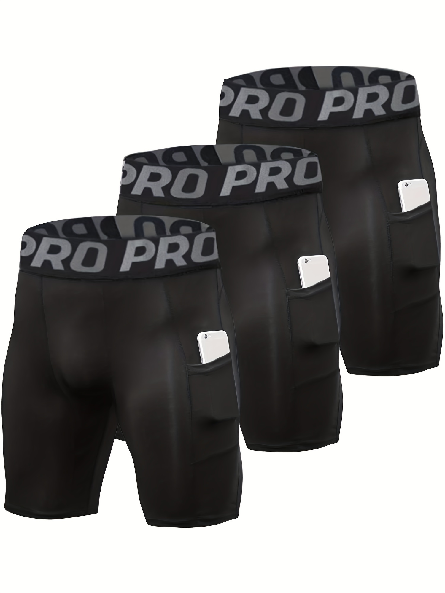 Compression Shorts Athletes - กางเกงขาสั้นรัดรูป 3 แพ็คผู้ชายพร้อมกระเป๋า, กางเกงขาสั้นวิ่งสแปนเด็กซ์กีฬาชุดชั้นในประสิทธิภาพการออกกําลังกายกีฬา
