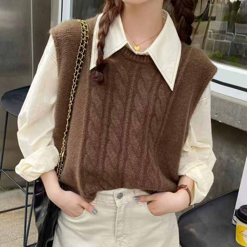 Sleeveless Undershirt - เสื้อกั๊กไหมพรมคอโอ รุ่นใหม่ ปี 2025 สำหรับผู้หญิง สีพื้น