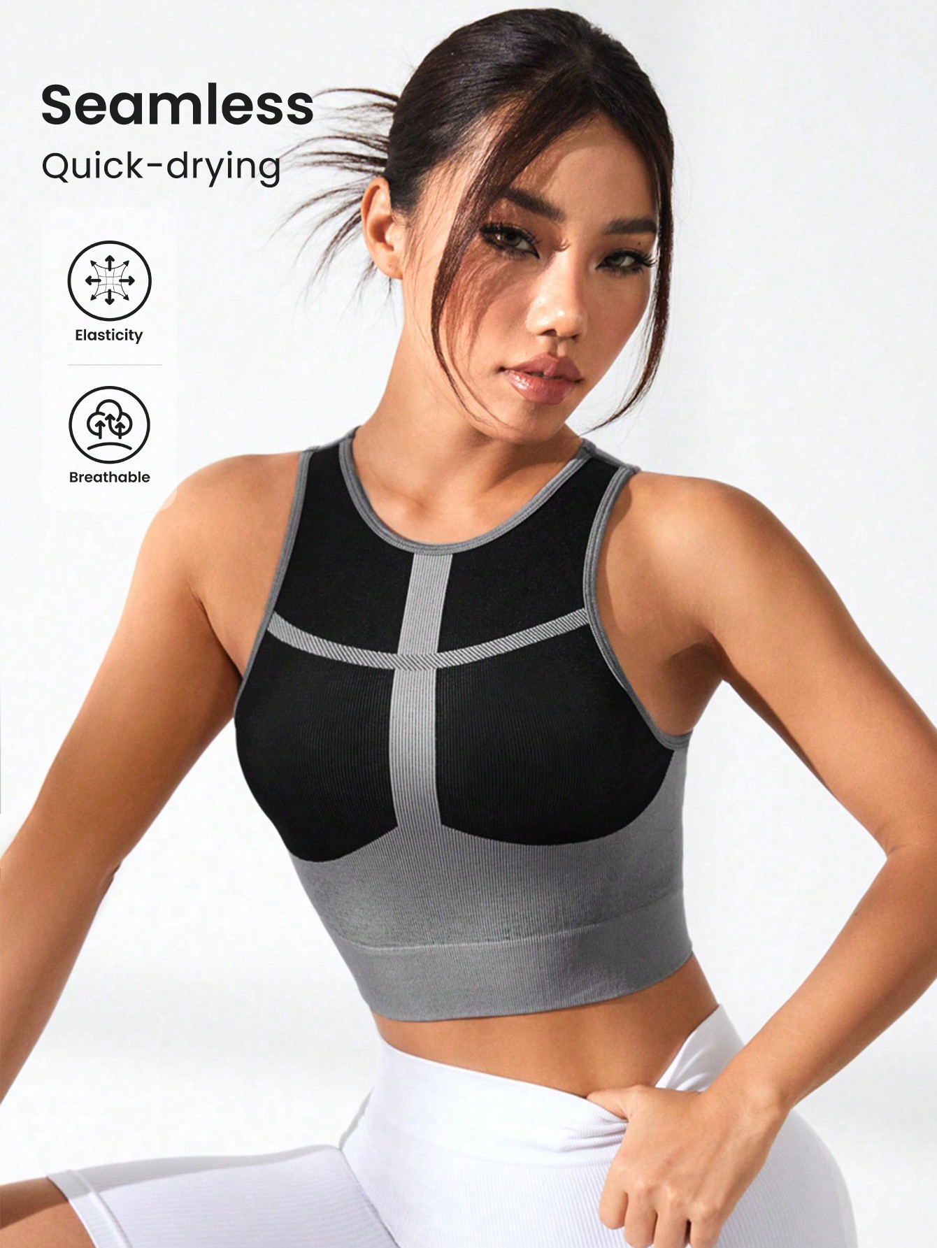 Tank Top Ribbed - เสื้อกล้ามครอปผู้หญิง คอวี แต่งแถบสีตัดกัน ทรงรัดรูป สายไขว้หลัง แบบไม่มีแขน