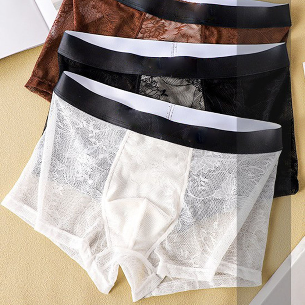 Pouch Boxer Pouch - กางเกงบ็อกเซอร์ชายผ้าไหมน้ำแข็งตาข่ายลูกไม้แบบโปร่งใสพร้อมกระเป๋าเก็บของด้านหน้า