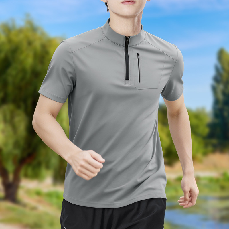 T Shirt Tight Fit - เสื้อยืดแขนสั้นผู้ชายแบบซิปครึ่งตัว ยืดหยุ่นสูง แห้งเร็ว ระบายอากาศได้ดี เหมาะสำหรับกีฬากลางแจ้ง วิ่ง