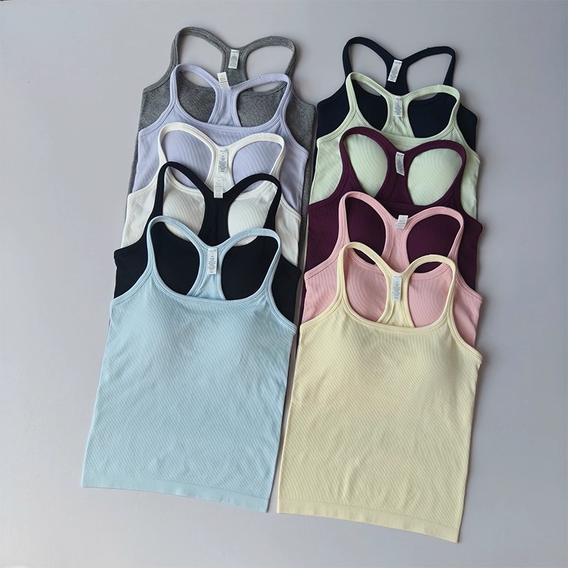 Tank Top Ribbed - เสื้อกล้ามโยคะสำหรับผู้หญิง ฤดูร้อน เสื้อกีฬาแบบรัดรูป เสื้อกล้ามออกกำลังกายแบบไร้ตะเข็บ มีฟองน้ำในตัว เหมาะสำหรับวิ่ง