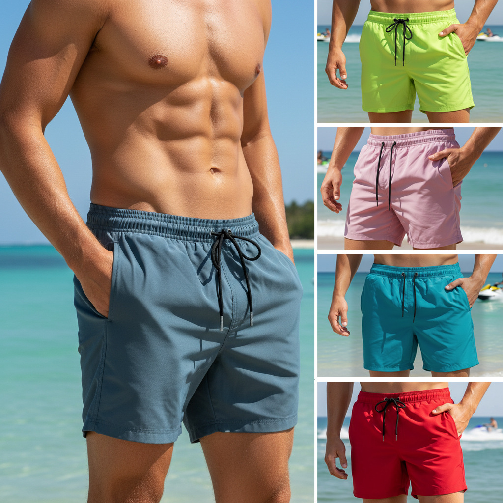 Trunk Breathable Men - กางเกงว่ายน้ำชายแบบเรียบง่ายสำหรับฤดูร้อน แห้งเร็ว ระบายอากาศได้ดี มีเชือกผูกเอว กางเกงชายหาดหลากสี มีให้เลือกหลายสี