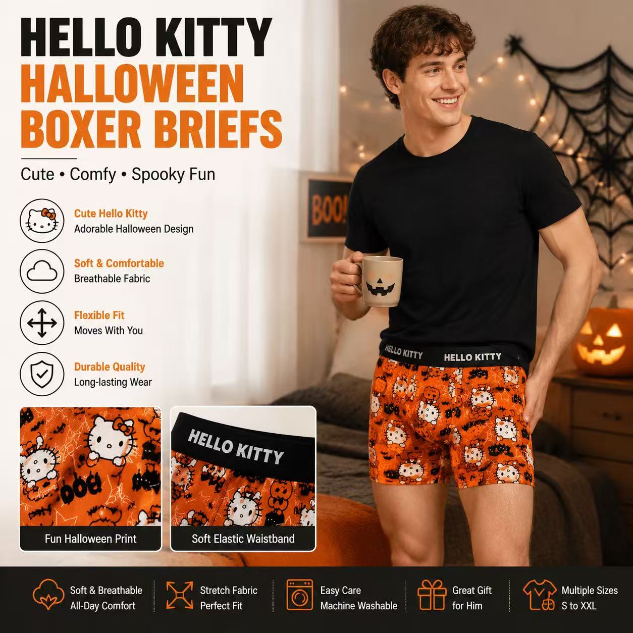 Quick Dry Underwear - กางเกงบ็อกเซอร์พิมพ์ลายเฮลโล คิตตี้ สำหรับผู้ชาย ไซส์ใหญ่ ระบายอากาศได้ดี แห้งเร็ว