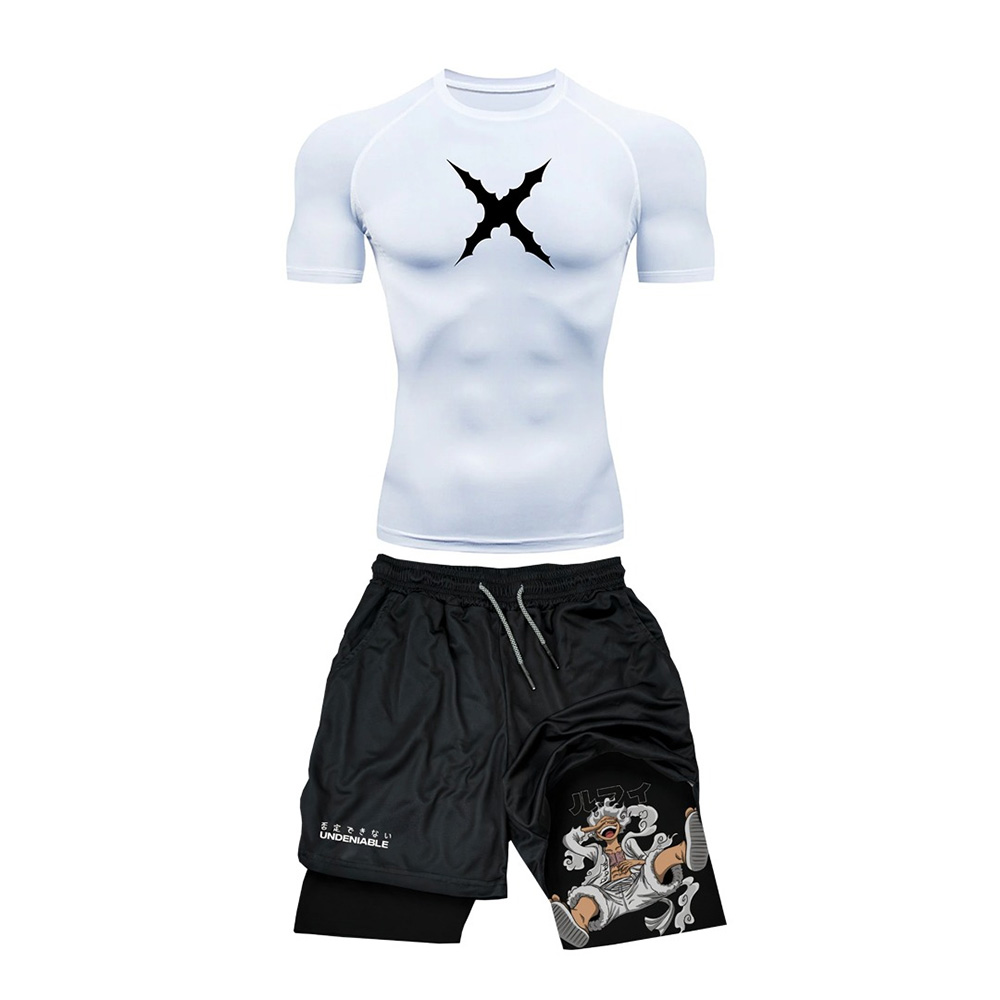 T Shirt Tight Fit - ชุดเสื้อยืดแขนสั้นและกางเกงขาสั้นลายวันพีซ ลูฟี่ รุ่นใหม่สำหรับฤดูร้อน เหมาะสำหรับออกกำลังกาย ระบายอากาศได้ดี แห้งเร็ว