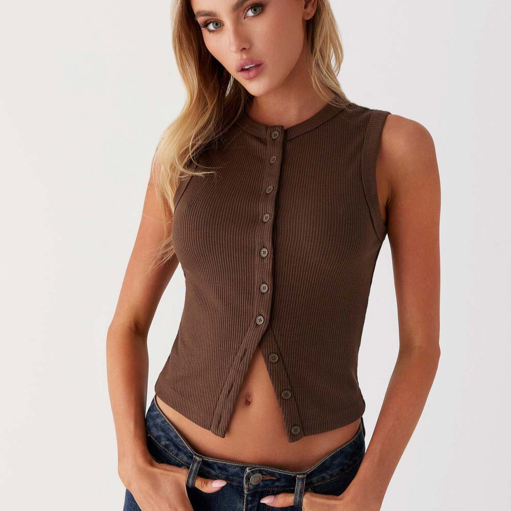 เสื้อครอปแขนกุดคอวีทรงเข้ารูปส - Tank Top Ribbed บทวิจารณ์และราคา